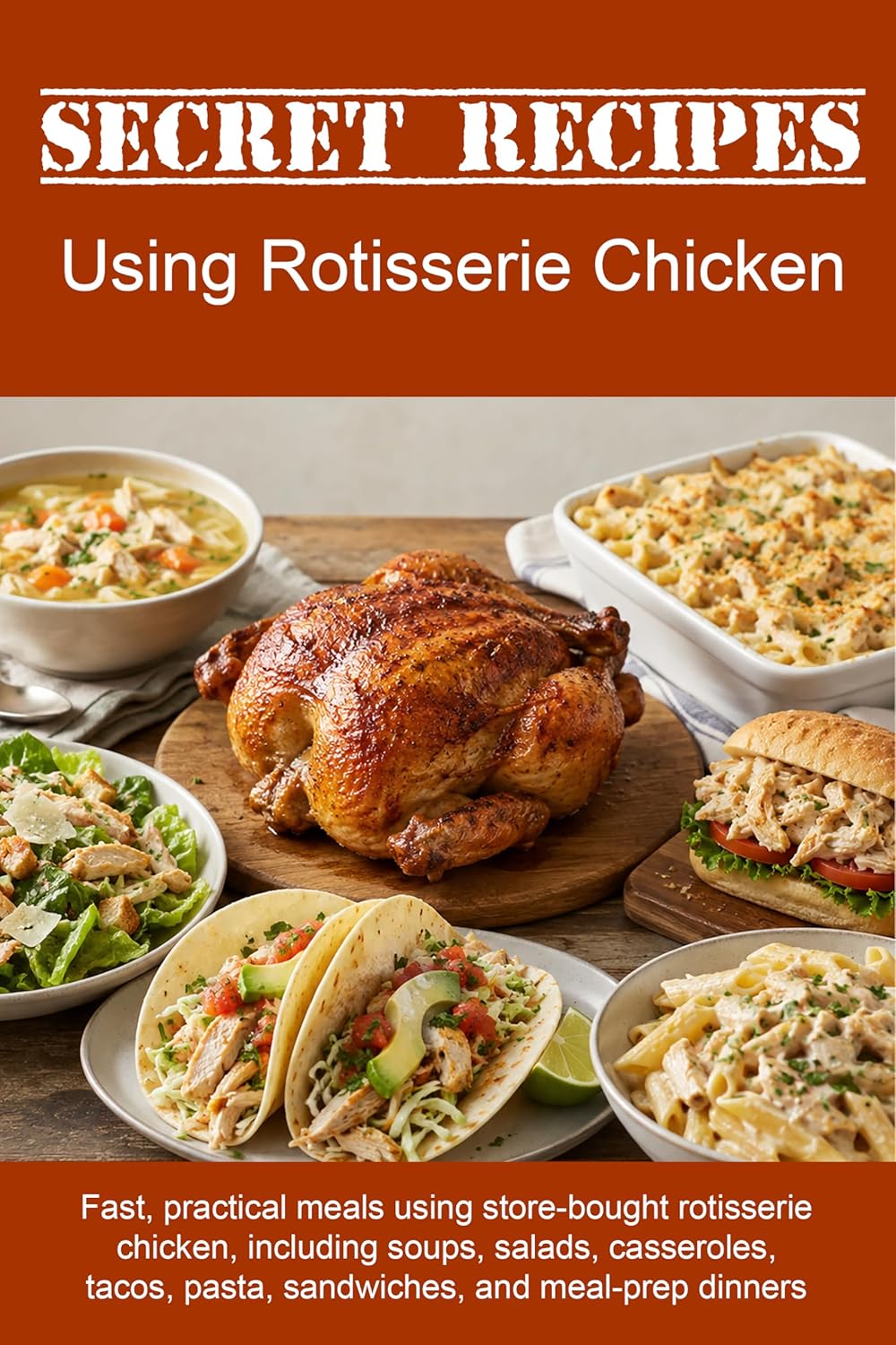 Secret Recipes Using Rotisserie Chicken: Fast, practical meals using store-bought rotisserie chicken, including soups, salads, casseroles, tacos, pasta, sandwiches, and meal-prep dinners